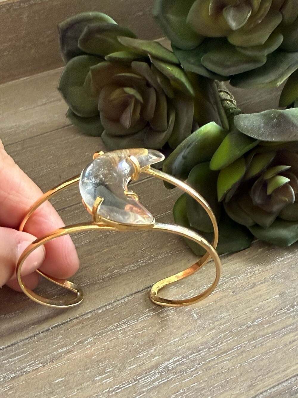Clear Quartz Crescent Moon Gold Cuff Bracelet
